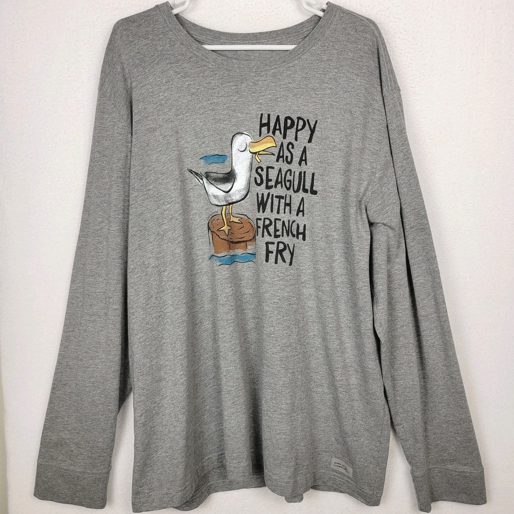 Life Is Good Mens Crusher Tee XXL Gray Long Sleeve Seagull Graphic Beach Funny